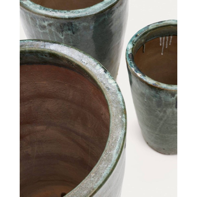 Set rotja de 3 maceteros de terracota con acabado azul glaseado
