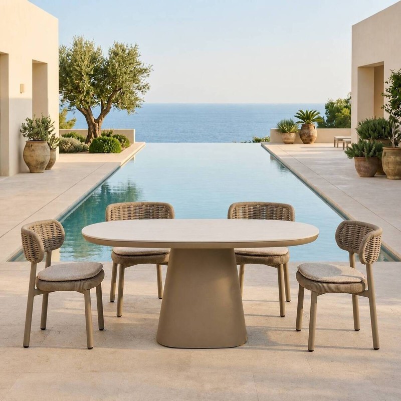 Mesa de Comedor Roma Cerámica Efecto Travertino y Aluminio Taupe 150 cm