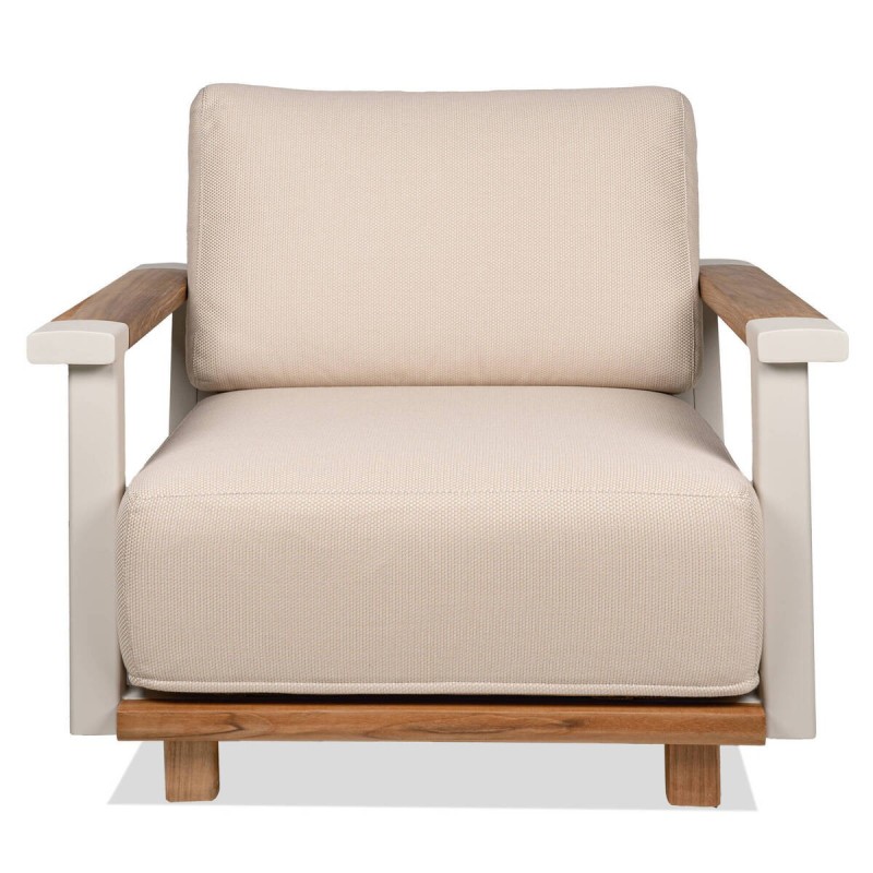 Sillón Rio de exterior de aluminio beige y madera de teca con respaldo de polipiel