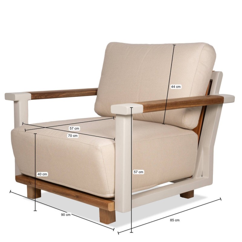 Sillón Rio de exterior de aluminio beige y madera de teca con respaldo de polipiel