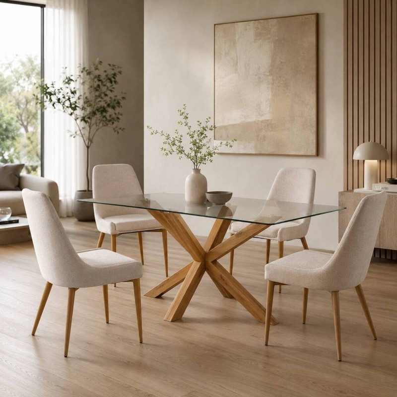 Mesa cendra de comedor de tapa de cristal y patas cruzadas de roble 160x90x75cm