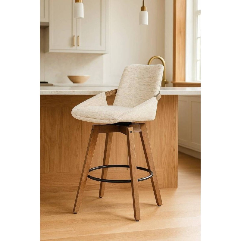 Taburete alto giratorio Avana tapizado beige con patas de madera 50x94cm