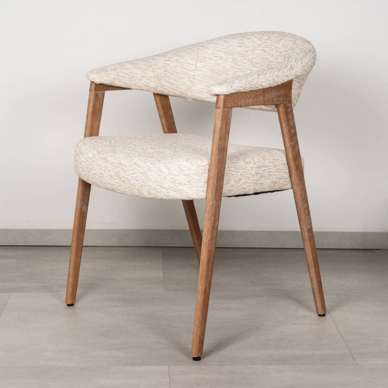 Noor dining chair upholstered in beige fabric with bleached wood frame