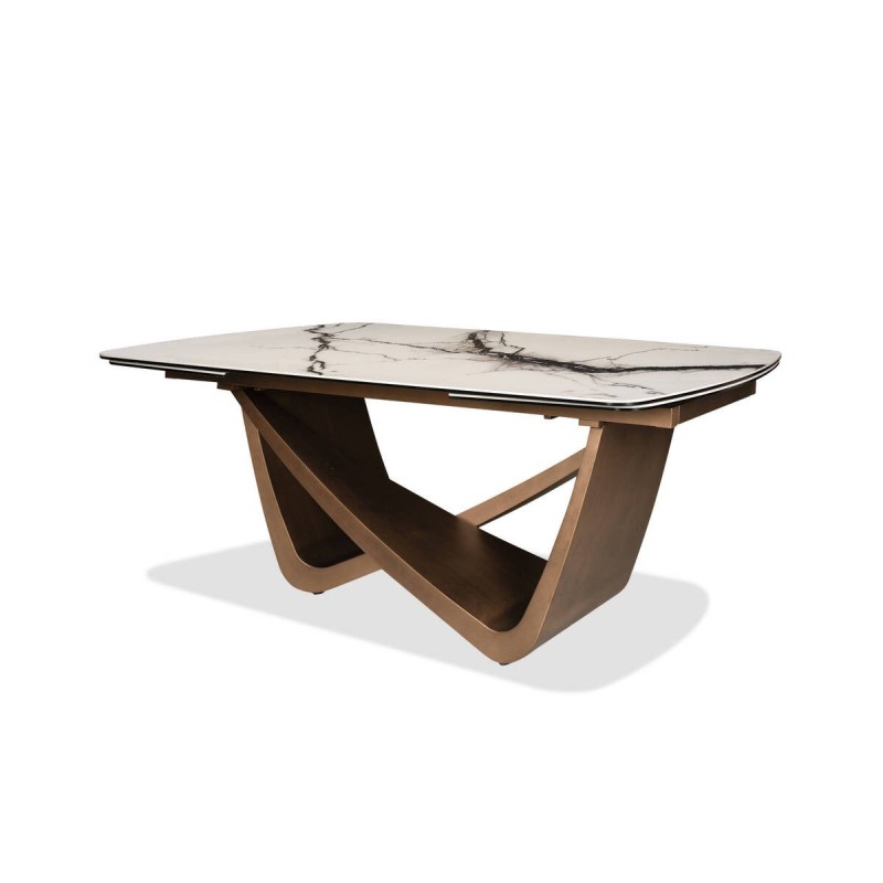 Mesa de comedor calix extensible en cerámica brillo blanco y base bronce 180/270x100x76cm