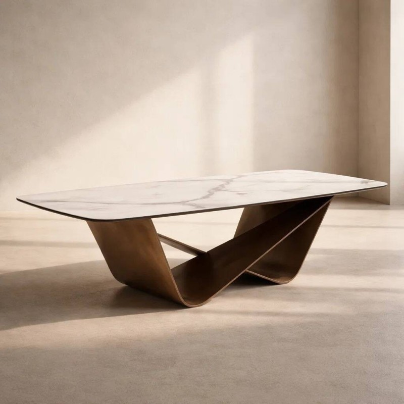 Mesa de centro ondra con cristal templado blanco y base de metal bronceado
