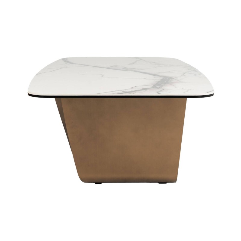 Mesa de centro ondra con cristal templado blanco y base de metal bronceado