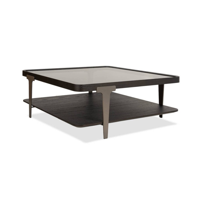 Mesa de centro bruma negra con tapa de cristal ahumado y estante en chapa de fresno
