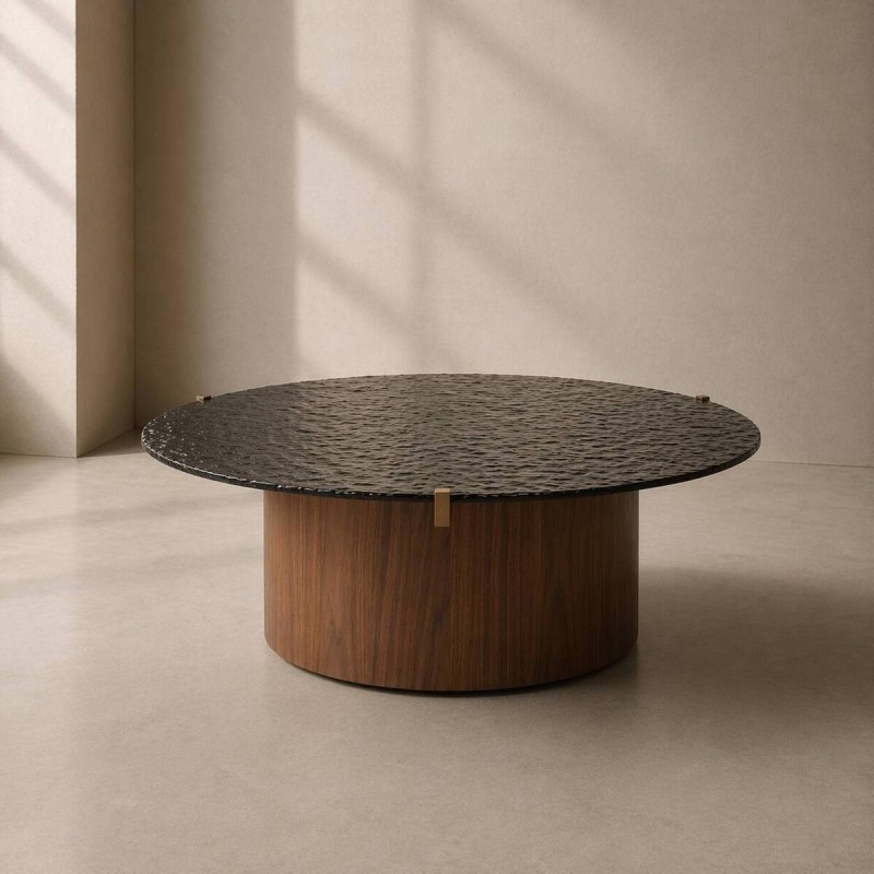 Mesa de centro aurea redonda con tapa de cristal texturizado y base de nogal