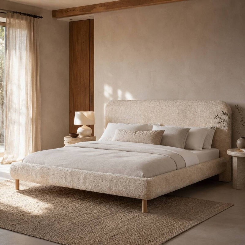Cama Elna en tejido bouclé beige con patas de madera para colchón 180x200cm