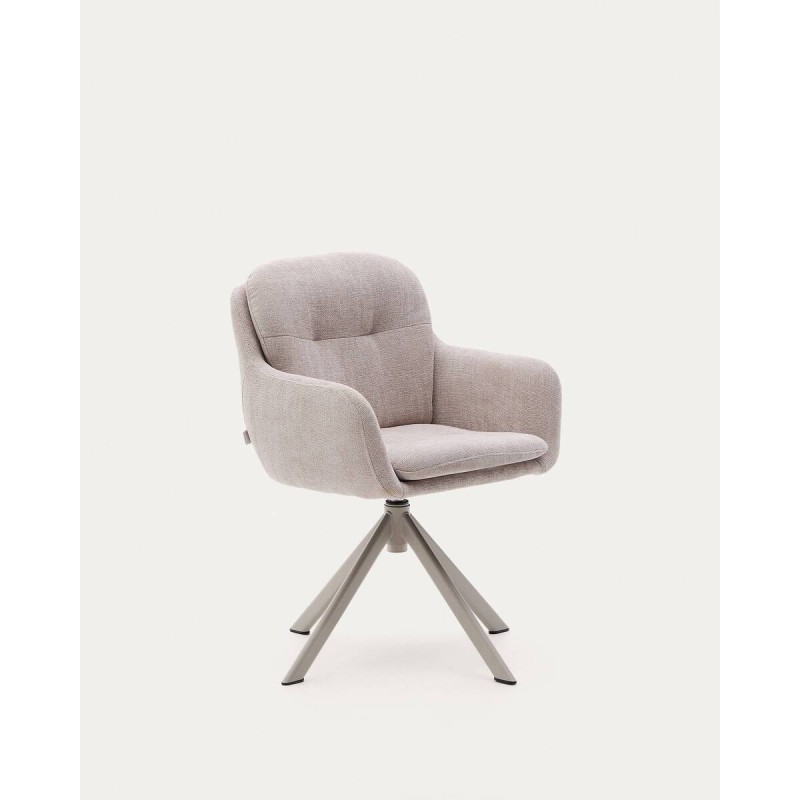 Silla giratoria Lexa de chenilla beige y patas de acero con acabado beige