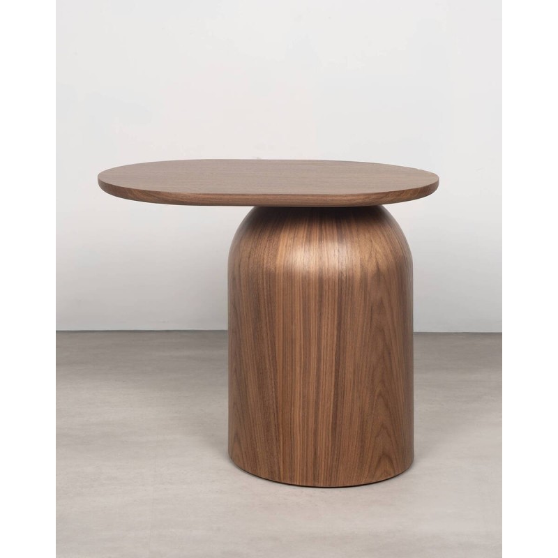 Vana side table in walnut with rounded base and oval top