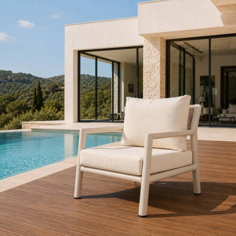 Sillón individual Perla aluminio con cojines beige 75 × 86 cm exterior