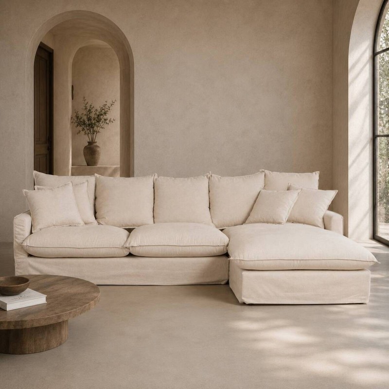 Sofá Avola con Chaise Longue derecha 290 cm Lino y Algodón Beige