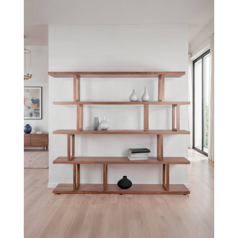 Arka high modular shelving unit in walnut with open and stepped design