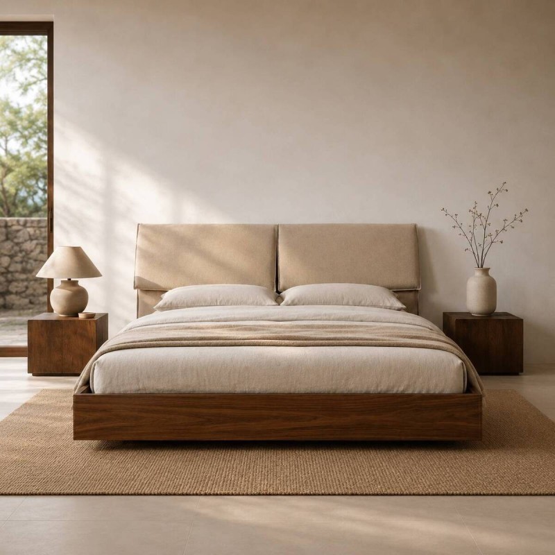 Cama de matrimonio Walnut con cabecero tapizado