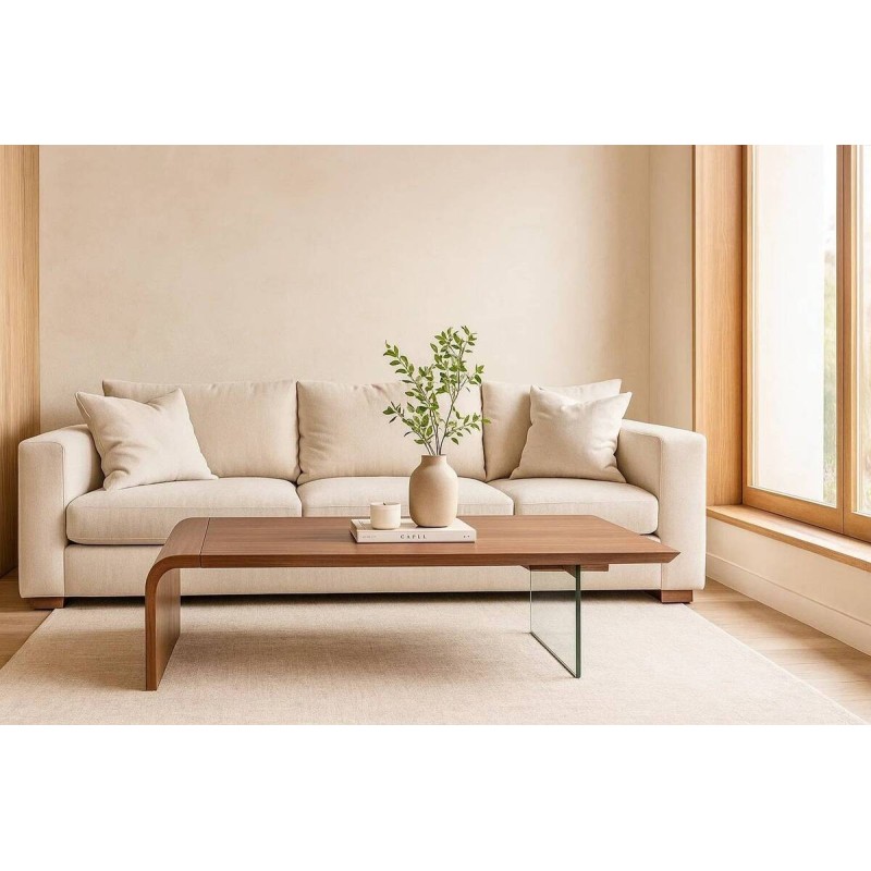 Adriana coffee table in walnut and tempered glass · Curved and modern design