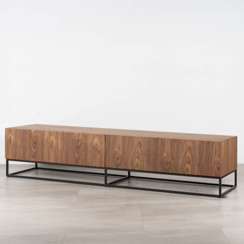 Mueble TV Kael de Chapa de Nogal con ondulaciones y patas de metal negro 197 cm