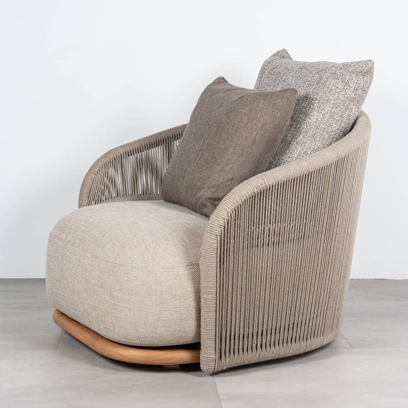 Sillón de Exterior en Mocca Wave con Cuerda Olefín y Base de Teca