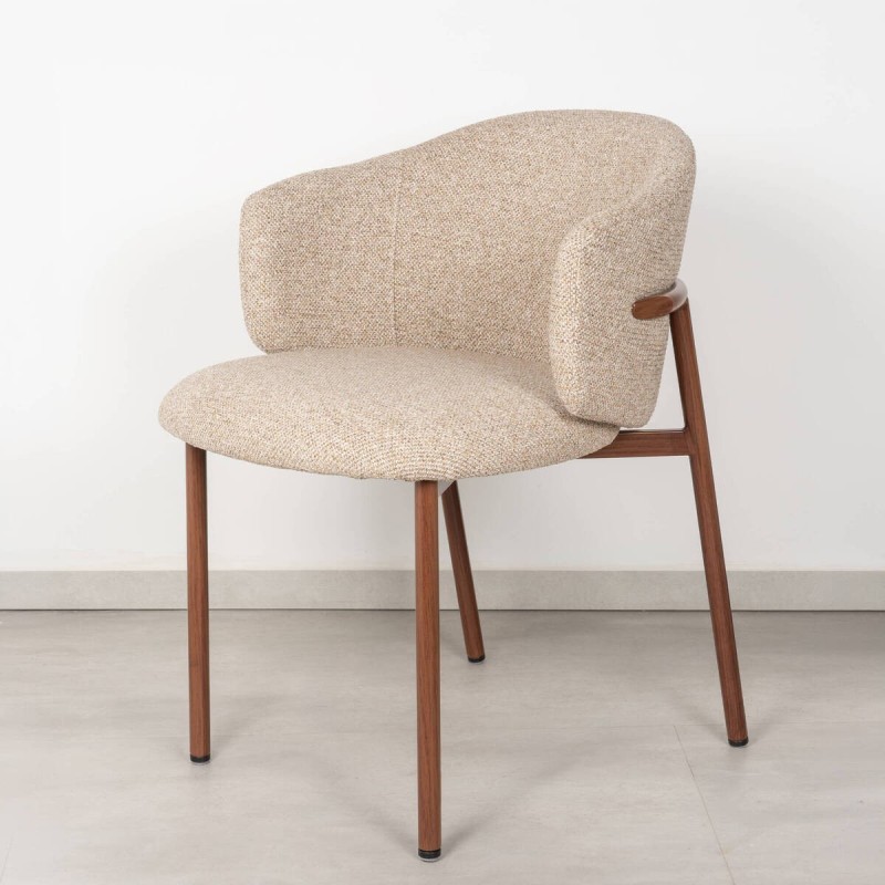 Silla de Comedor Arno Tapizada en Beige Bouclé y Patas Metal Nogal