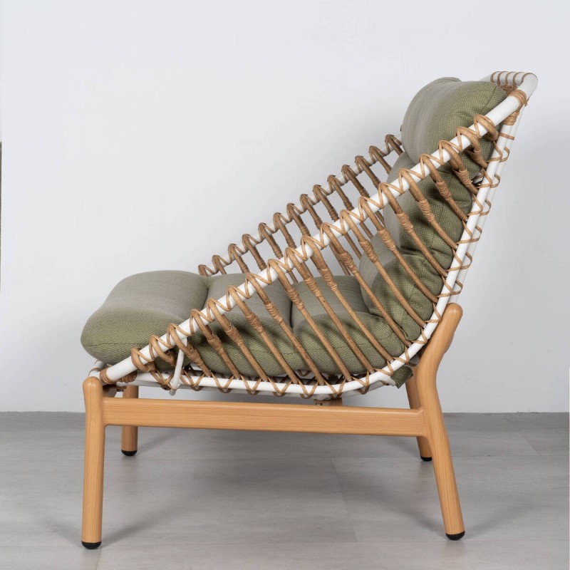 Tarifa Outdoor Armchair with Aluminum, Synthetic Rattan and Olive Green Fabric