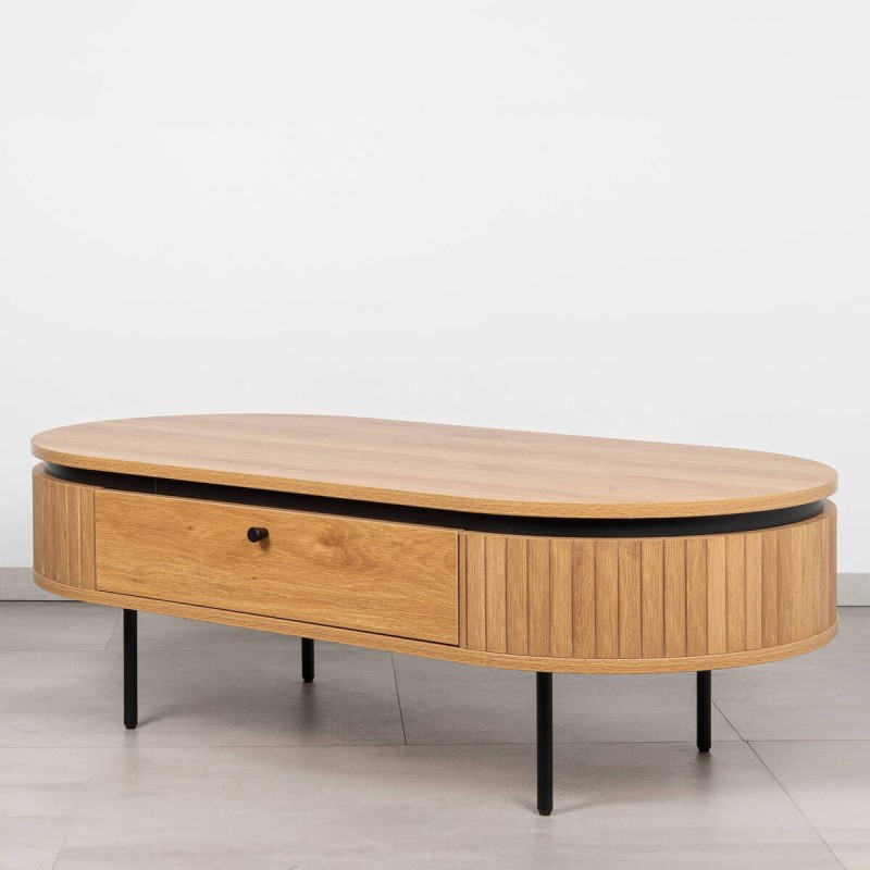 Mesa de Centro Duna de Ovalada Color Roble y Patas de Metal Negro 120cm