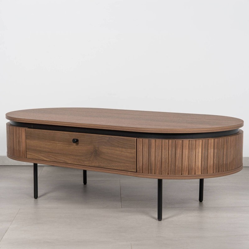 Mesa de Centro Duna de Ovalada Color Nogal y Patas de Metal Negro 120cm