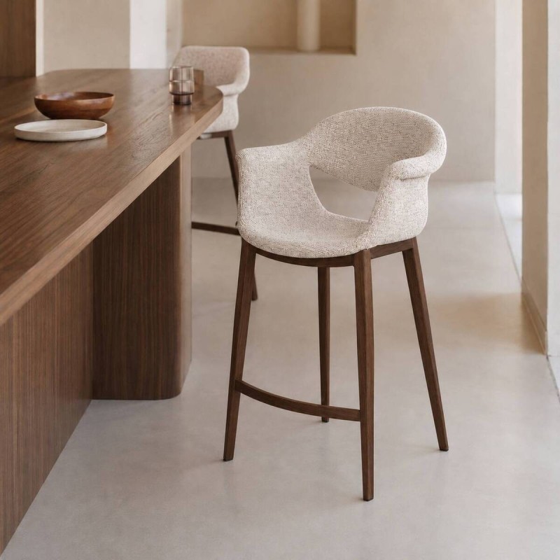 Taburete de Bar Maroni Tapizado en Beige con Patas Metal acabado Madera Nogal