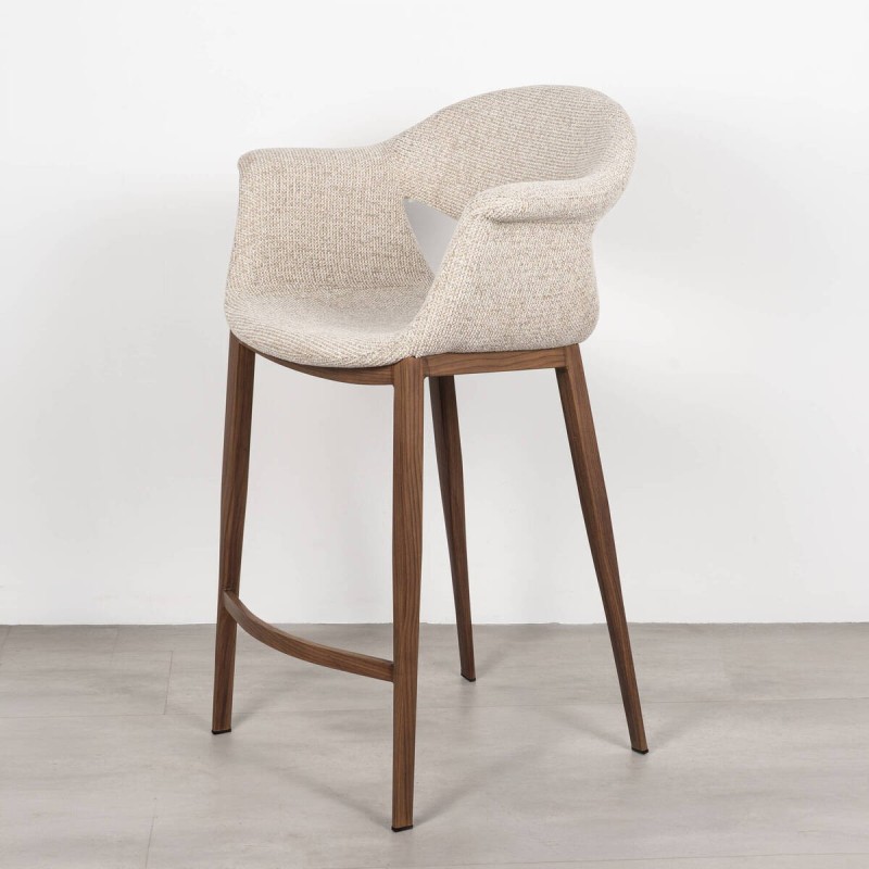 Taburete de Bar Maroni Tapizado en Beige con Patas Metal acabado Madera Nogal