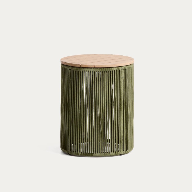 Mesa auxiliar Dandara exterior de cuerda verde con tapa de madera