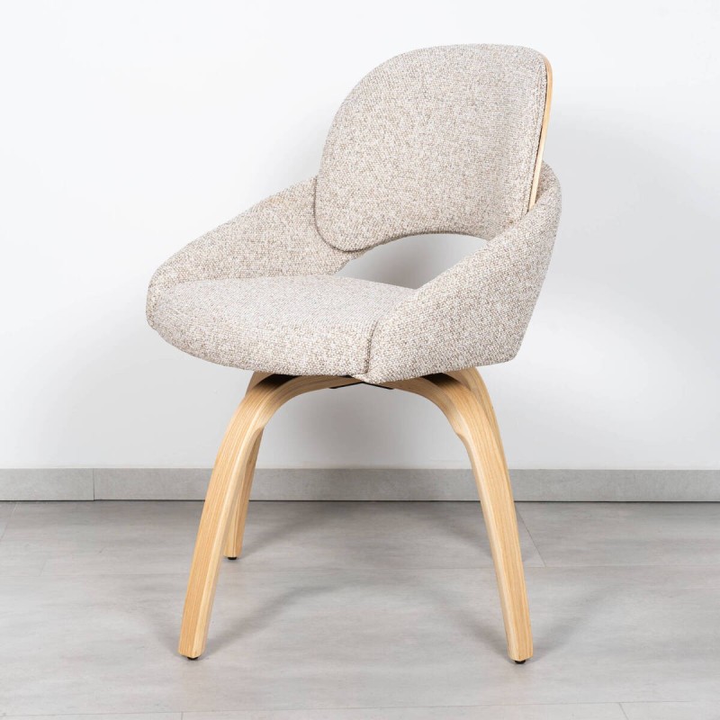 Silla de Comedor Lora Tapizada en Bouclé Crema con Patas de Madera Curvada en Roble Natural