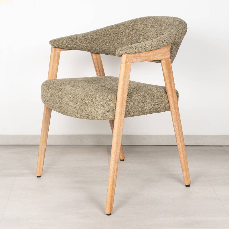 Silla de Comedor Noor Tapizada en Verde Oliva Bouclé y Madera Blanqueada