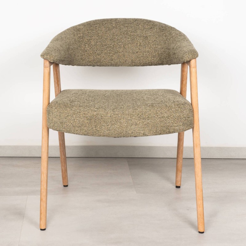 Silla de Comedor Noor Tapizada en Verde Oliva Bouclé y Madera Blanqueada