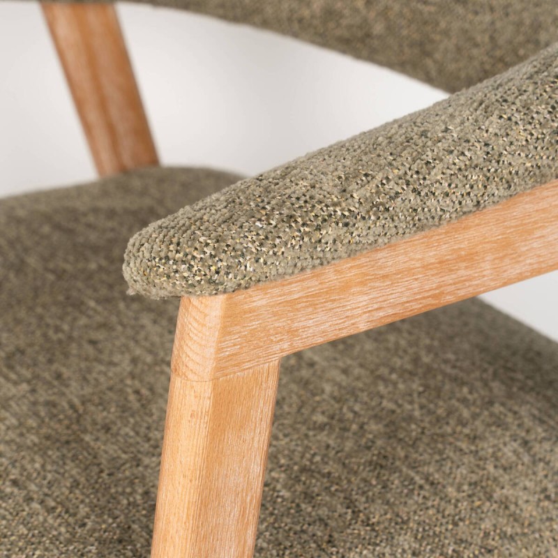 Silla de Comedor Noor Tapizada en Verde Oliva Bouclé y Madera Blanqueada