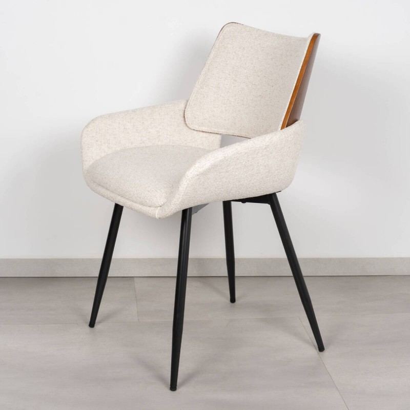 Silla de Comedor Persa Tapizada en Bouclé Crema con Respaldo de Nogal y Patas Negras
