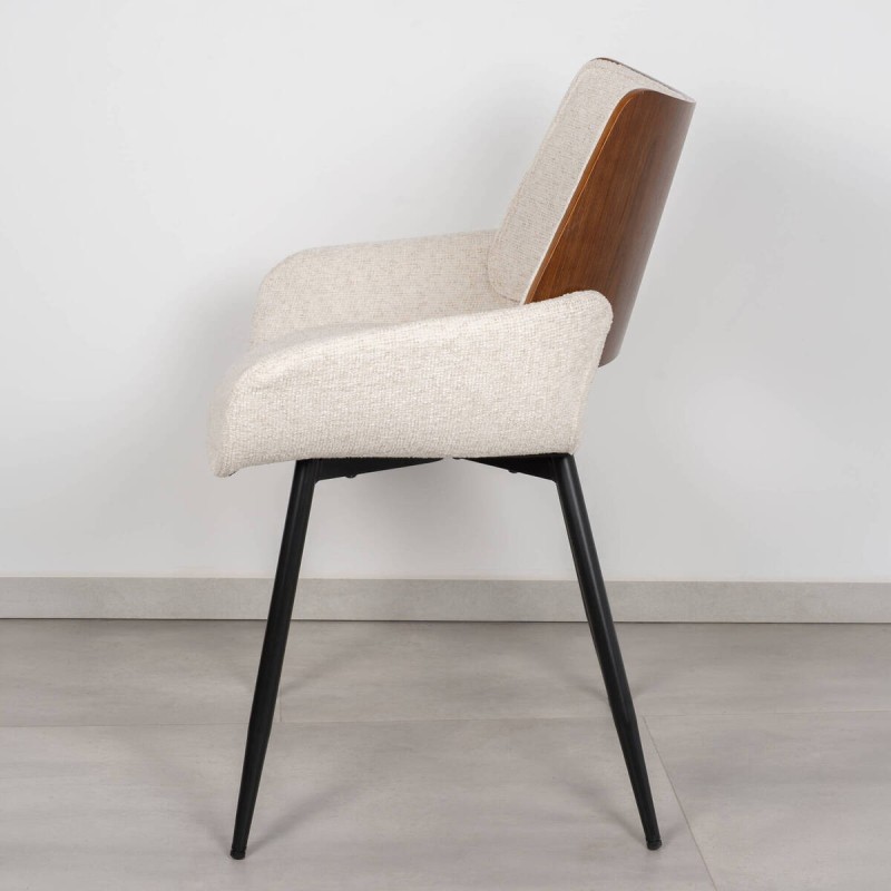 Silla de Comedor Persa Tapizada en Bouclé Crema con Respaldo de Nogal y Patas Negras