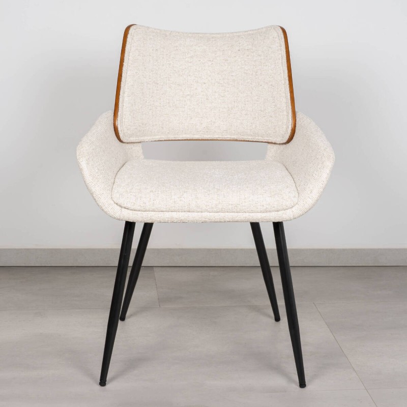 Silla de Comedor Persa Tapizada en Bouclé Crema con Respaldo de Nogal y Patas Negras