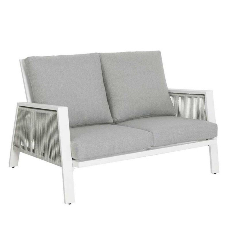 Two-seater outdoor sofa, white aluminum and light grey rope, 134x93x85cm