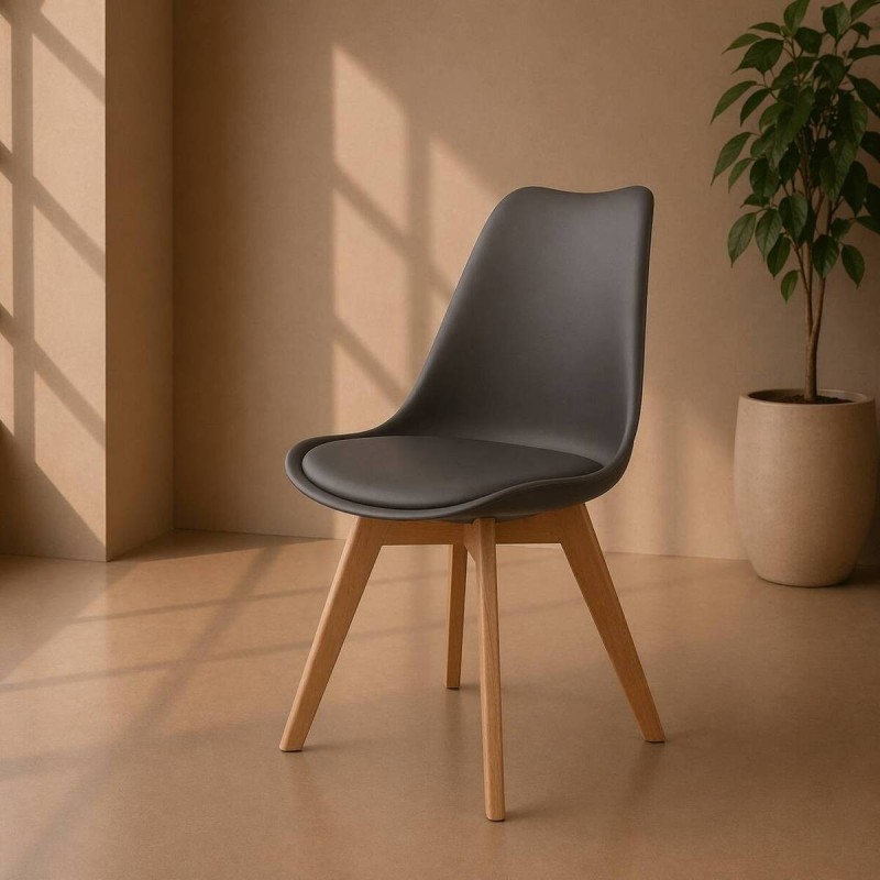 Dining chair with cushion upholstered in grey faux leather and natural beech wood legs 49x52x82cm
