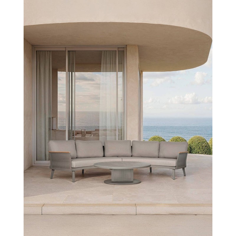 Sofá curvo de aluminio y brazos de teca 325x120x84cm