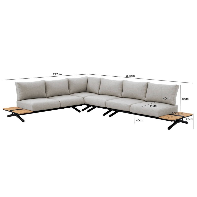 Corner unit with aluminum and teak wood spikes, 320x247x80cm
