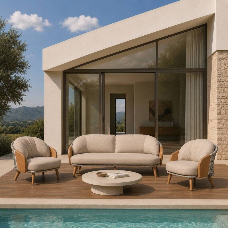 Sofá 2 plazas Lotus ratán blanco y negro - brazos madera de teca 90x52x73cm