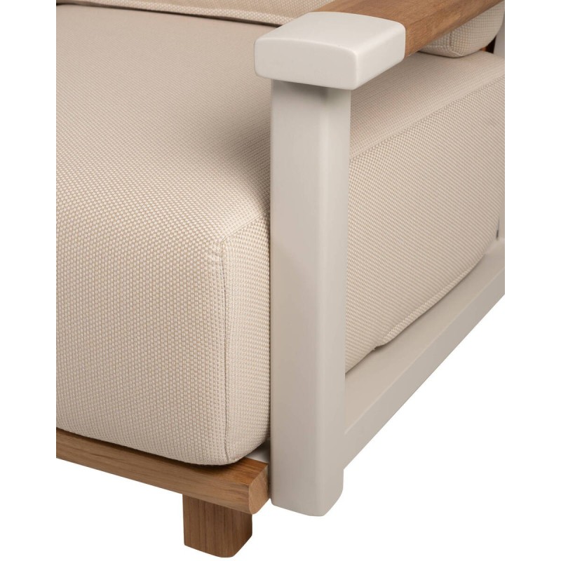 Rio outdoor sofa, 3 seats, beige aluminum and teak wood with faux leather backrest
