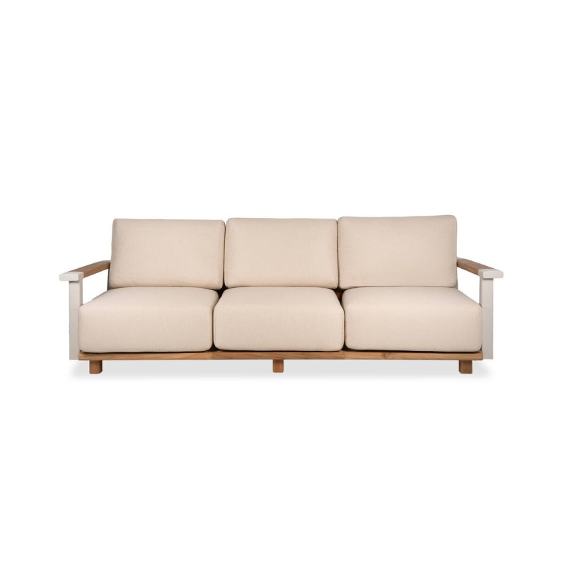 Rio outdoor sofa, 3 seats, beige aluminum and teak wood with faux leather backrest