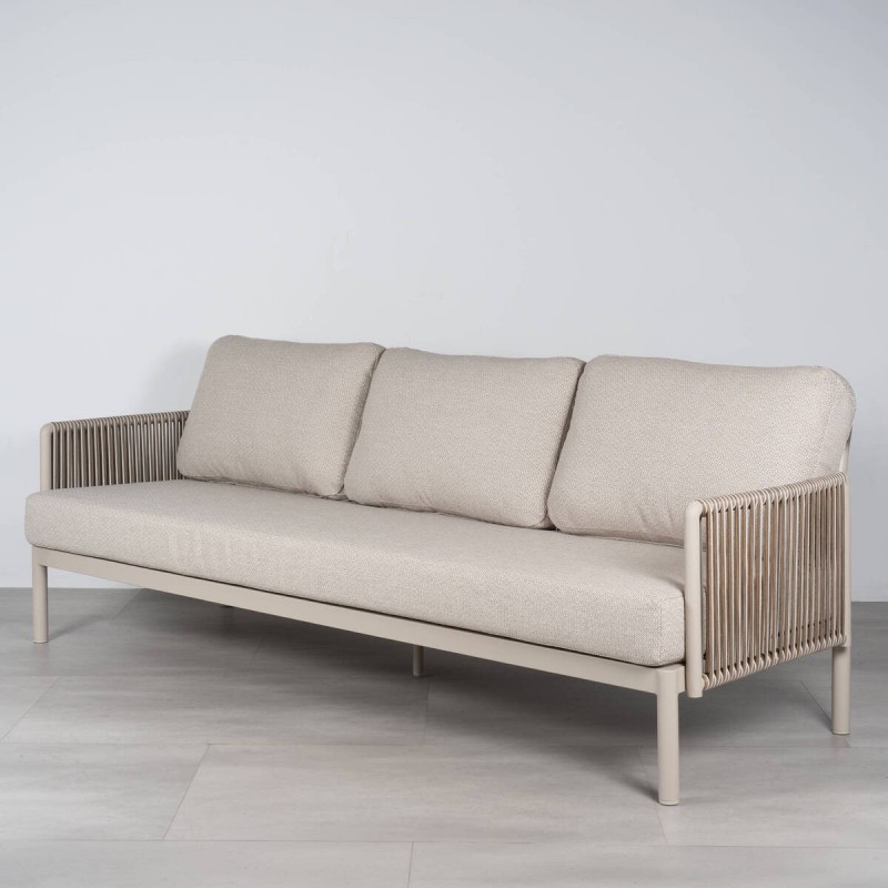 Sofá de Exterior Nuba 3 Plazas con Cuerda Trenzada y Estructura de Aluminio Champán 220 cm