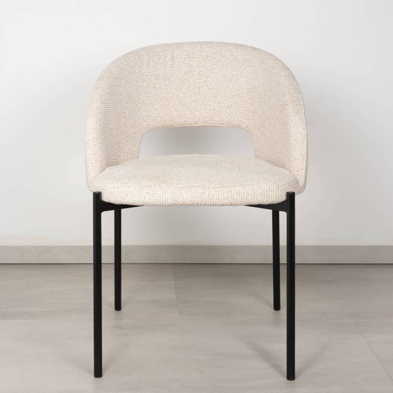 Silla de Comedor Theiss Tapizada en Beige Bouclé y Patas de Metal Negro