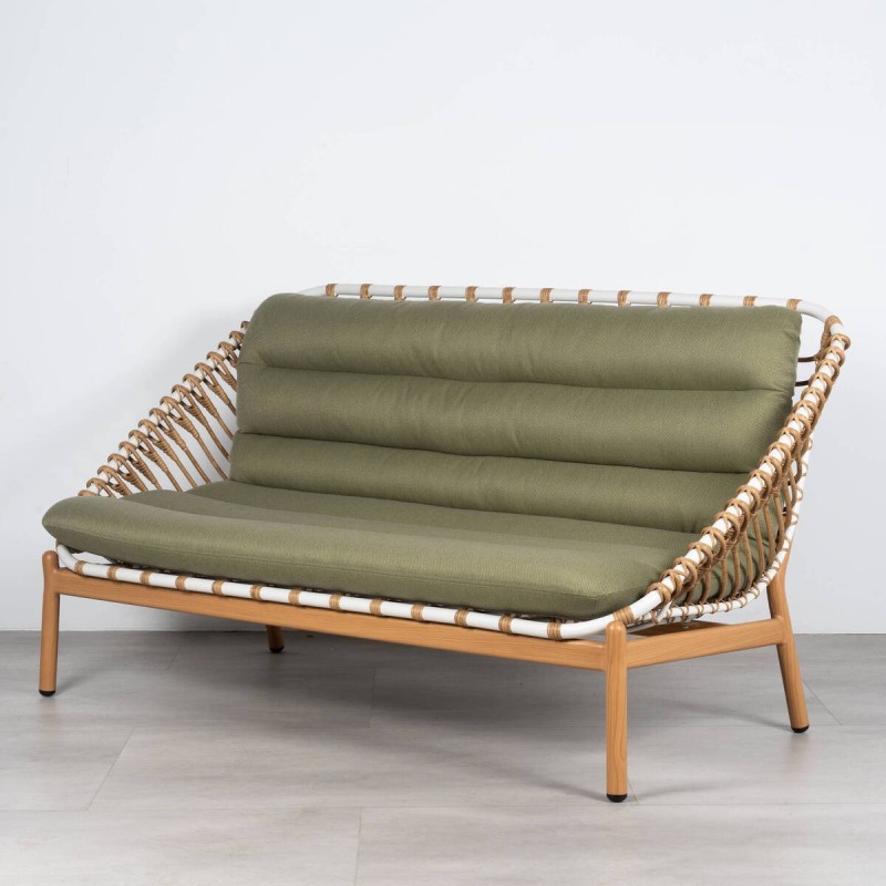 Tarifa 2-Seater Outdoor Sofa, Aluminum, Synthetic Rattan and Olive Green Fabric, 157 cm