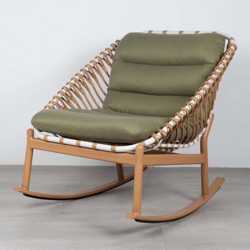 Outdoor Rocking Chair, Aluminum, Synthetic Rattan and Olive Green Fabric
