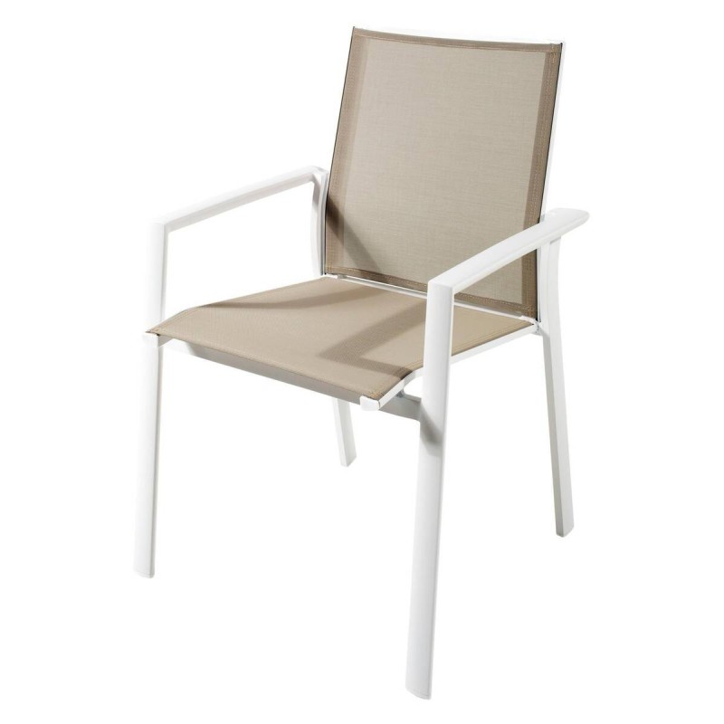 Silla de exterior aluminio blanco y textilene caqui 58,5x60x90cm