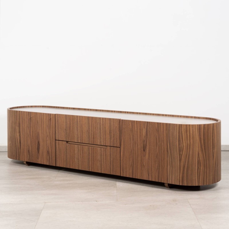 Mueble TV Antea en nogal con diseño redondeado y tapa en lacado marfil