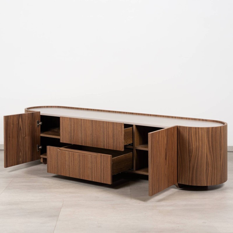 Antea TV unit in walnut with rounded design and ivory lacquered top